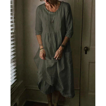Aurinda | Women's Round Neck 3/4 Sleeve Midi Dress