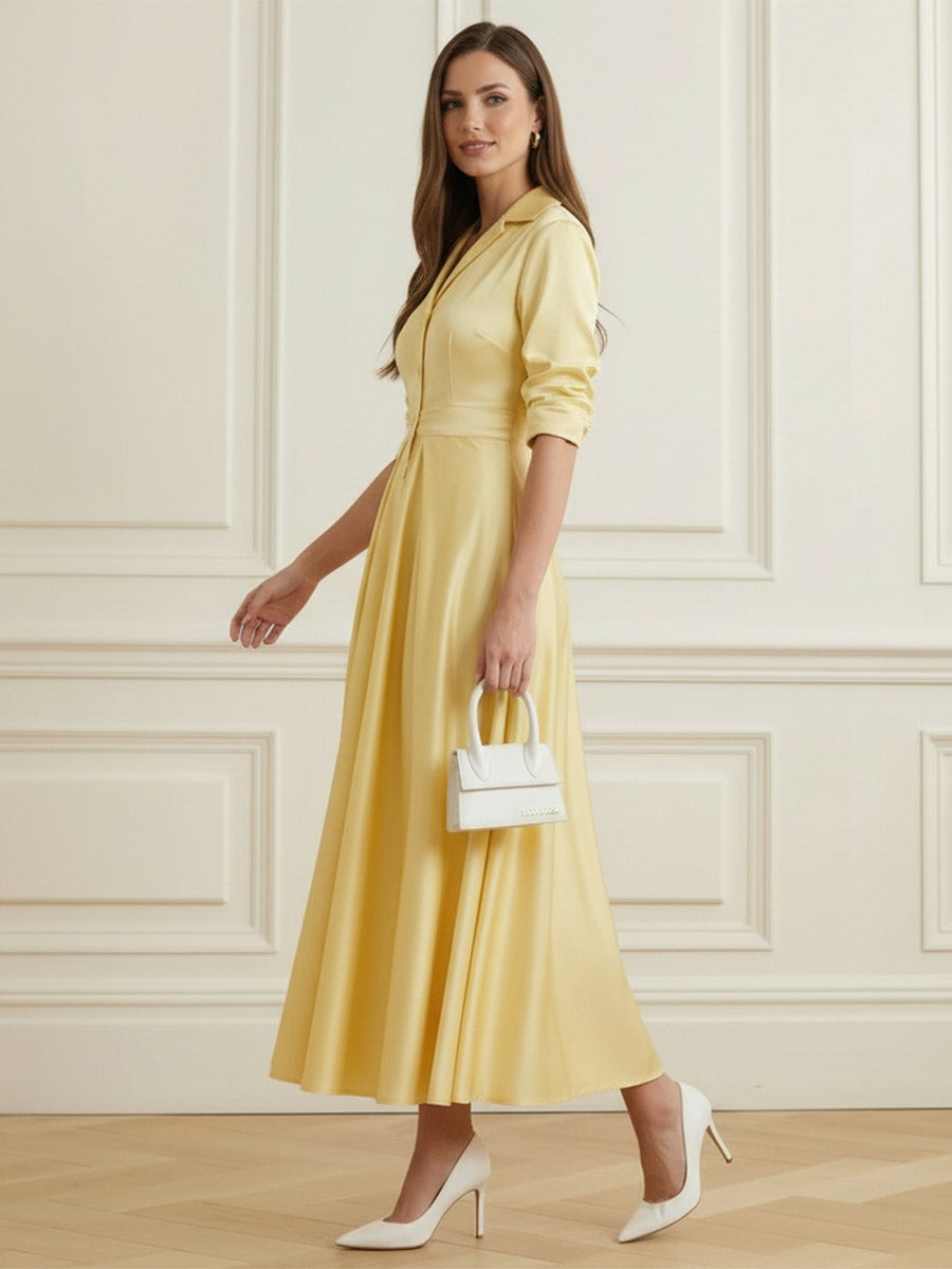 A-Line Elasticated Waist Buttoned Pleated Solid Color Split-Joint Notched Collar Blazer Maxi Dresses