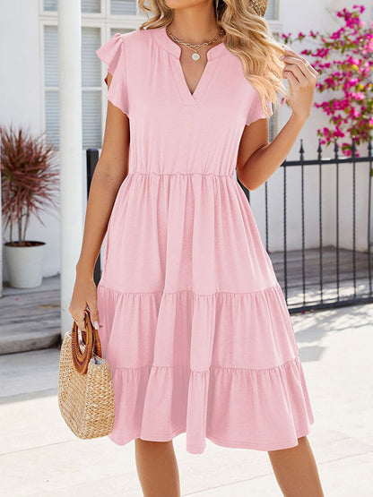 Loose Ruffle Sleeves Pleated Pockets Solid Color Split-Joint V-Neck Midi Dresses
