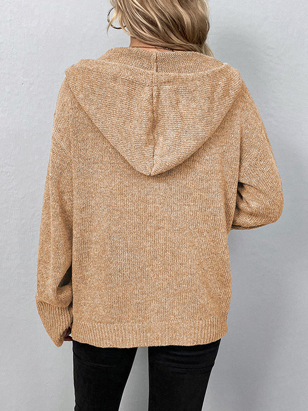 Cardigan boutonné à capuche de couleur unie 