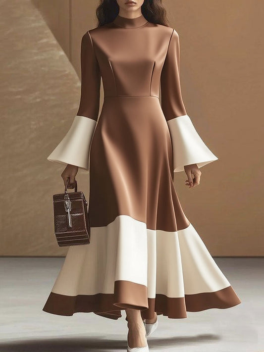 Flared Sleeves High Waisted Contrast Color Pleated Split-Joint Mock Neck Maxi Dresses