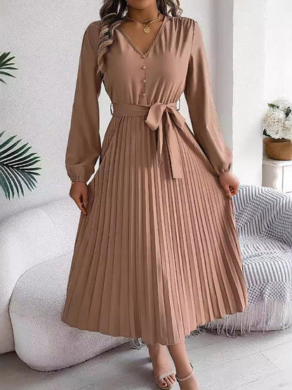 High Waisted Long Sleeves Belted Buttoned Pleated Solid Color V-Neck Maxi Dresses