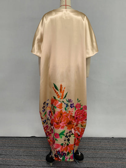 Robe longue trapèze à manches mi-longues et col en V, avec imprimé floral et fente sur le devant 