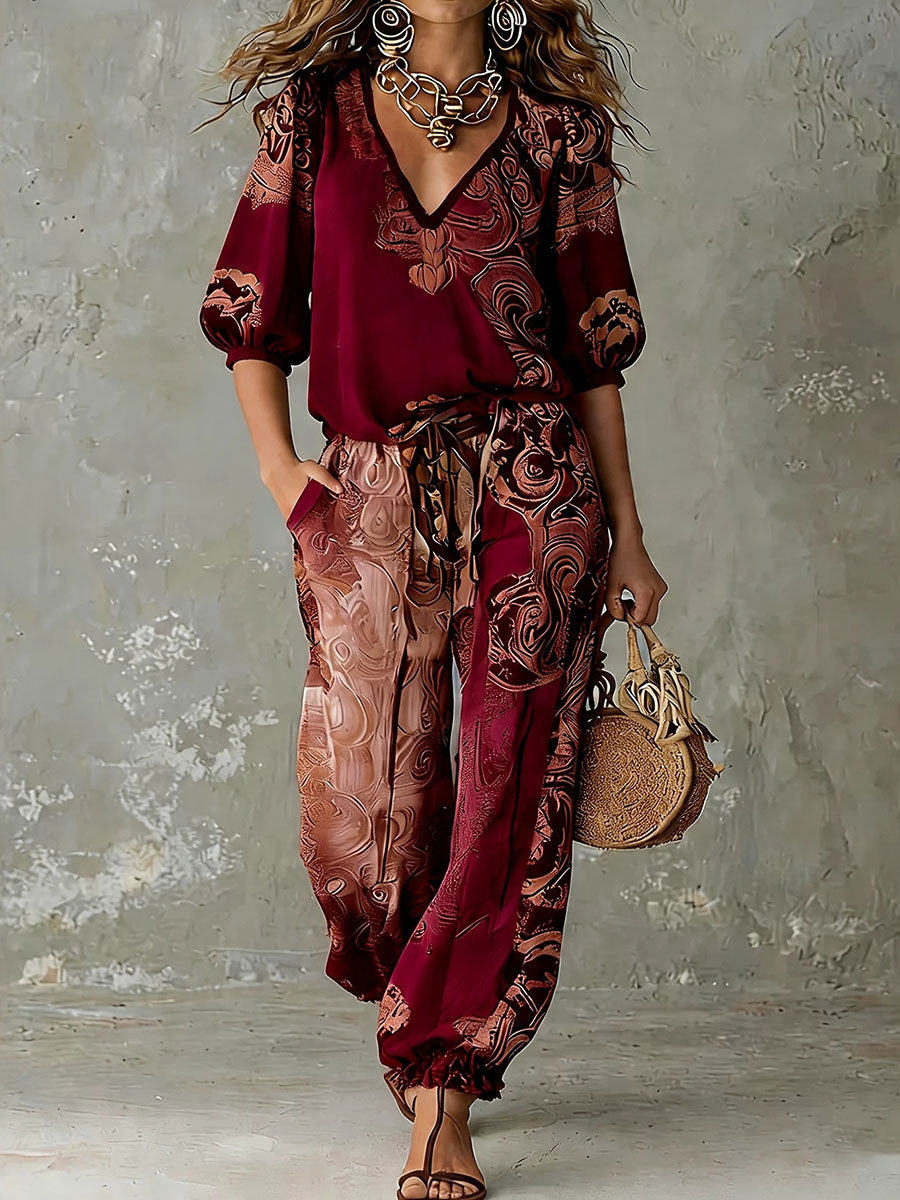 Contrast Color Printed V-Neck Half Sleeves Blouses&Shirts Tops + High Waisted Tied Waist Pockets Pants Trousers Two Pieces Set