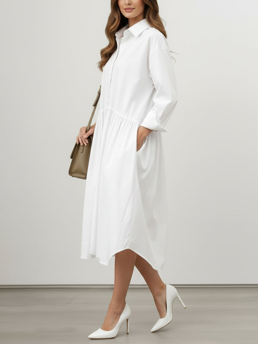 Long Sleeves Loose Buttoned Pleated Solid Color Split-Joint Lapel Midi Dresses