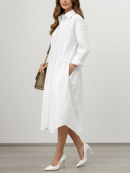Long Sleeves Loose Buttoned Pleated Solid Color Split-Joint Lapel Midi Dresses