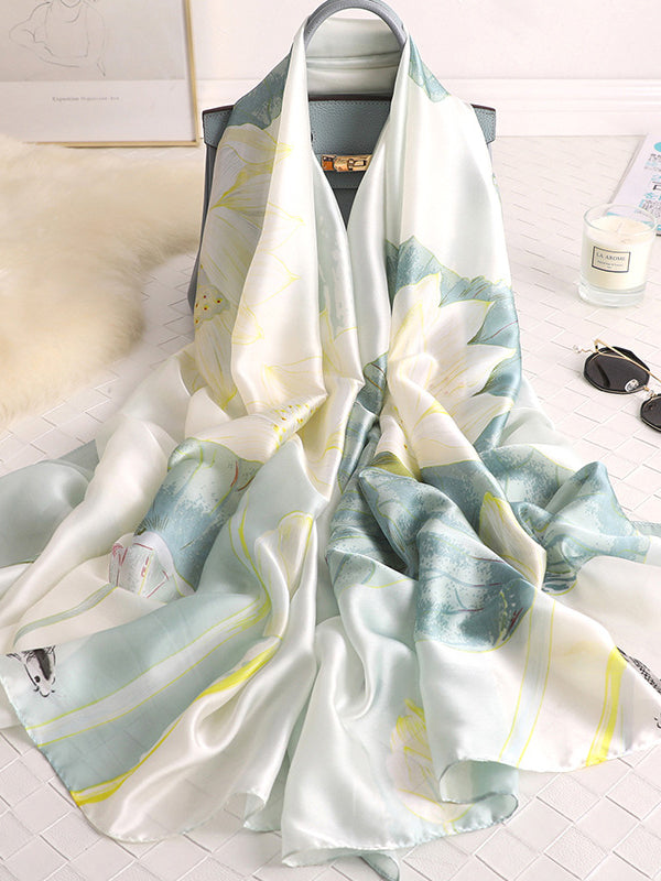 Vintage Floral Printed Silk Imitation Shawl Scarf BLUE One_size