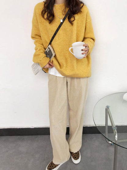 Simple Loose Long Sleeves Round-Neck Sweater Tops Pullovers