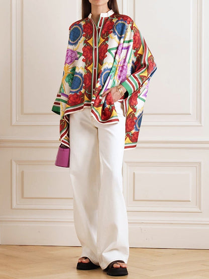 Fledermausärmel High-Low-Knöpfe Blumendruck Stehkragen Blusen &amp; Hemden Tops 