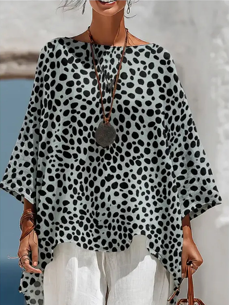 Polka-Dot Contrast Color Three-quarter Sleeves Loose Boat Neck Blouses&shirts Tops