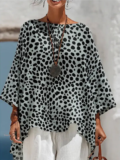 Polka-Dot Contrast Color Three-quarter Sleeves Loose Boat Neck Blouses&shirts Tops