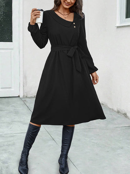 A-Line Long Sleeves Buttoned Solid Color Tied Waist Asymmetric Collar Midi Dresses