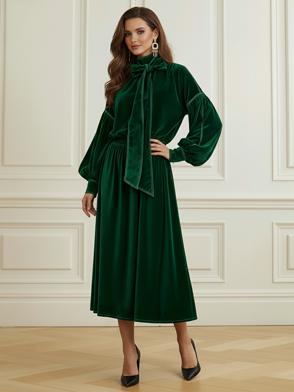 Long Sleeves Puff Sleeves Bow-Embellished Pleated Solid Color Split-Joint Tied Half Turtleneck Blouses&Shirts Tops