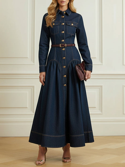 A-Line Elasticated Waist Belted Buttoned Single-Breasted Lapel Collar Maxi Dresses Shirt Dress