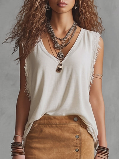 Loose Sleeveless Solid Color Tasseled V-Neck Tank Top