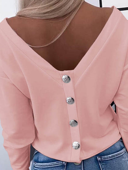 Long Sleeves Loose Buttoned Solid Color Round-Neck T-Shirts Tops