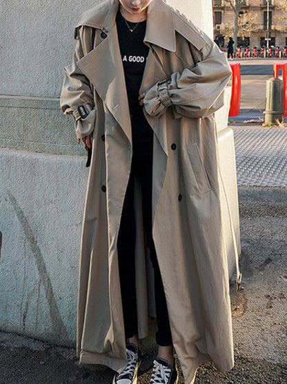 Long Sleeves Loose Buckle Buttoned Split-Back Tied Waist Lapel Outerwear Trench Coats