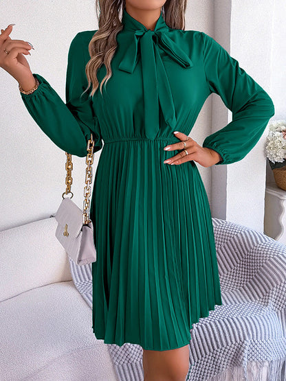 Long Sleeves Loose Pleated Solid Color Tied Mock Neck Mini Dresses