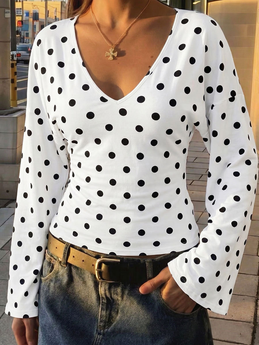 Polka-Dot Contrast Color Long Sleeves V-neck Blouses&shirts Tops