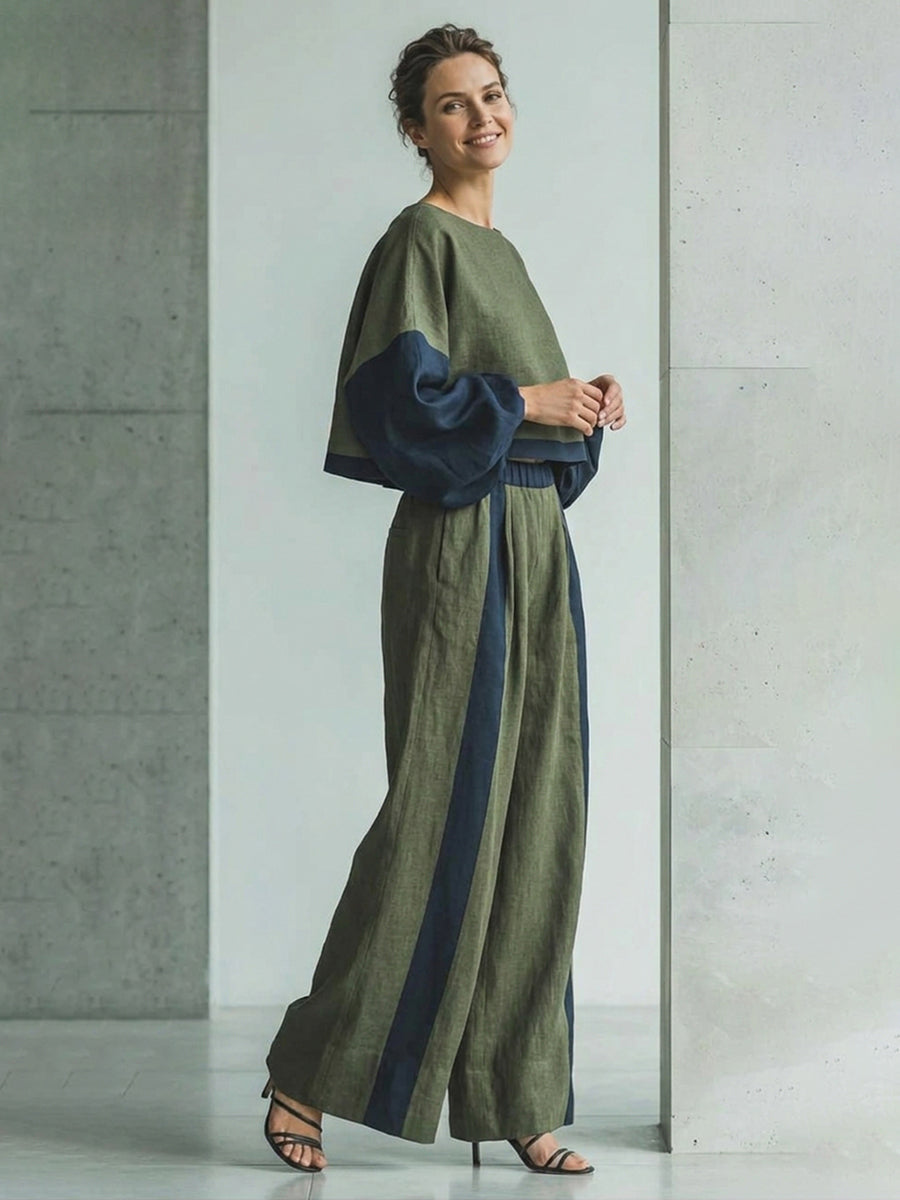 Split-Joint Pockets Elasticity Contrast Color Wide Leg High Waisted Trousers Pants