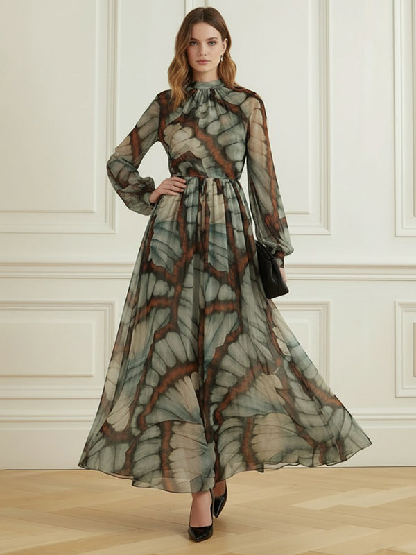 Balloon Sleeves Long Sleeves Big Hemline Contrast Color Pleated Print Zipper Stand Collar Maxi Dresses