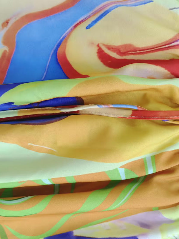 Loose Asymmetric Printed Lapel Blouse + A-Line Drawstring Elasticity Skirt Two Pieces Set