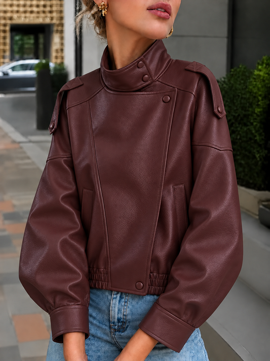 Zipper Split-Joint Solid Color Pockets Elasticity Buttoned Asymmetric Long Sleeves Stand Collar Outerwear Jackets