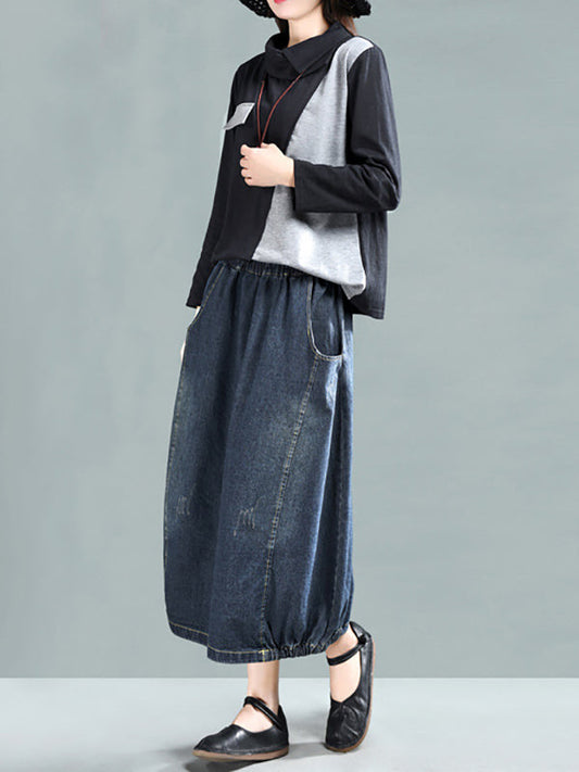 Vintage Loose A-Line Elasticity Solid Color Skirts Bottoms