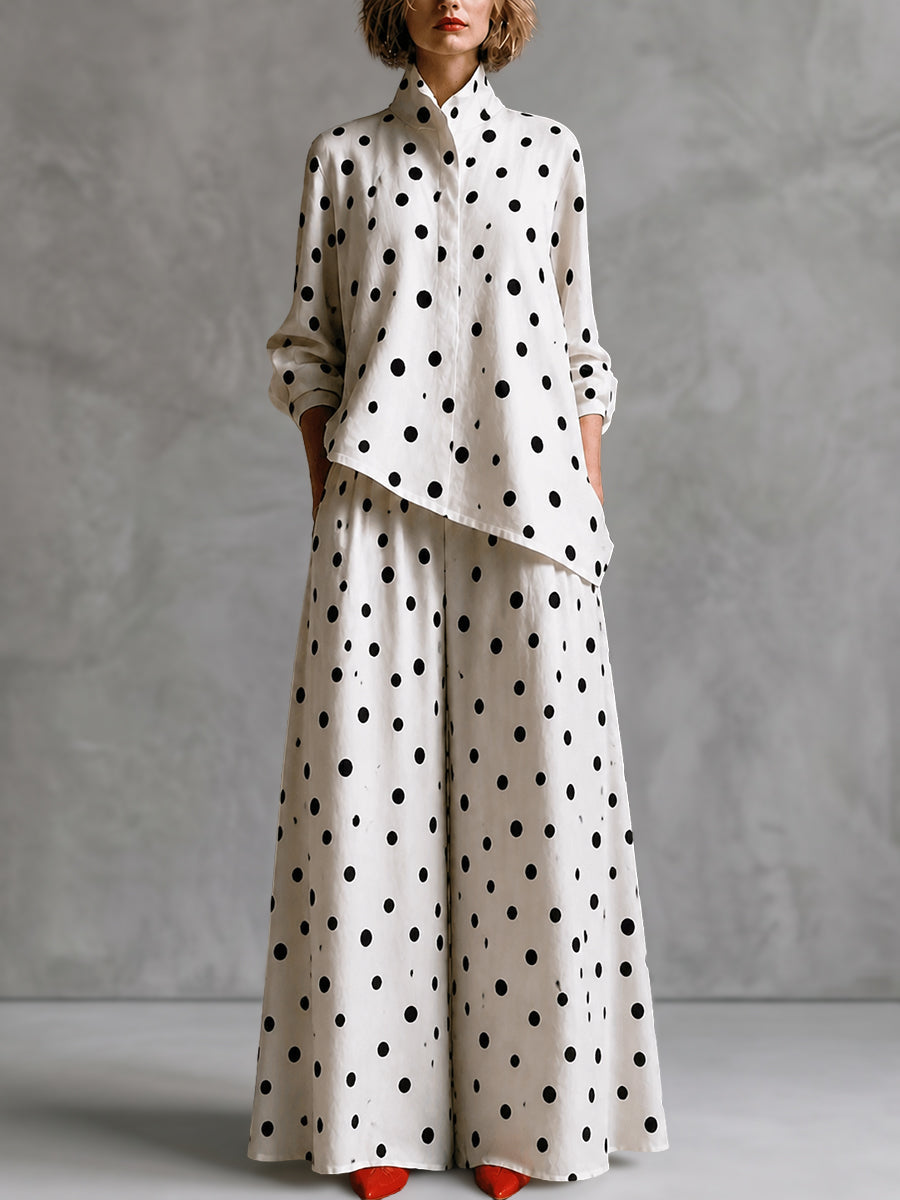 Polka-Dot Pockets Contrast Color Wide Leg Loose Trousers Pants