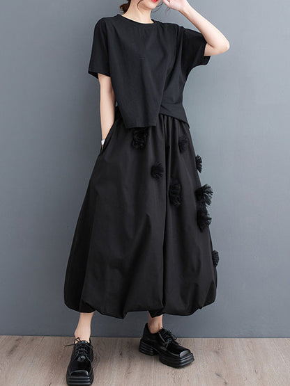 Loose Flower-Embellished Elastics Solid Color Skirts Bottoms