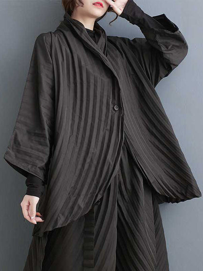 Long Sleeves Loose Buttoned Pleated Solid Color Stand Collar Shirts Top + Pants Bottom Two Pieces Set