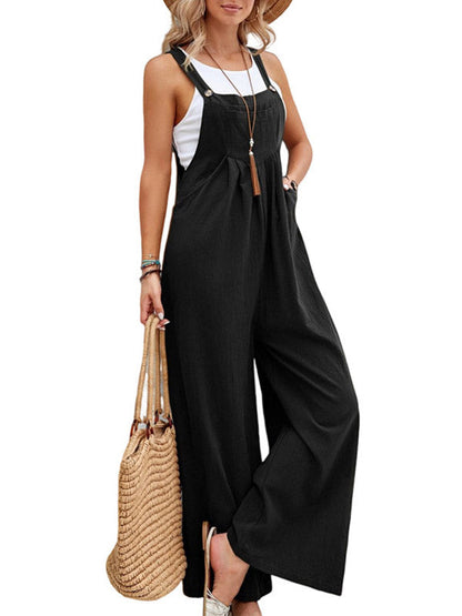 Loose Plus Size Pleated Split-Joint Square-Neck Overalls