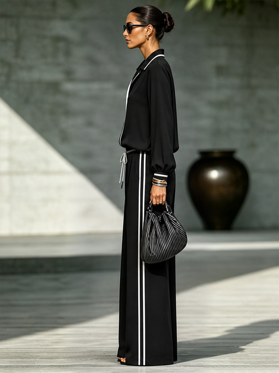 Striped Contrast Color Loose Long Sleeves Notched Collar Blouses&shirts Tops