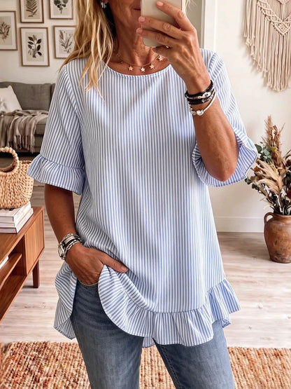 Half Sleeves Loose Pleated Ruffle Trim Striped Round-Neck Blouses&Shirts Tops