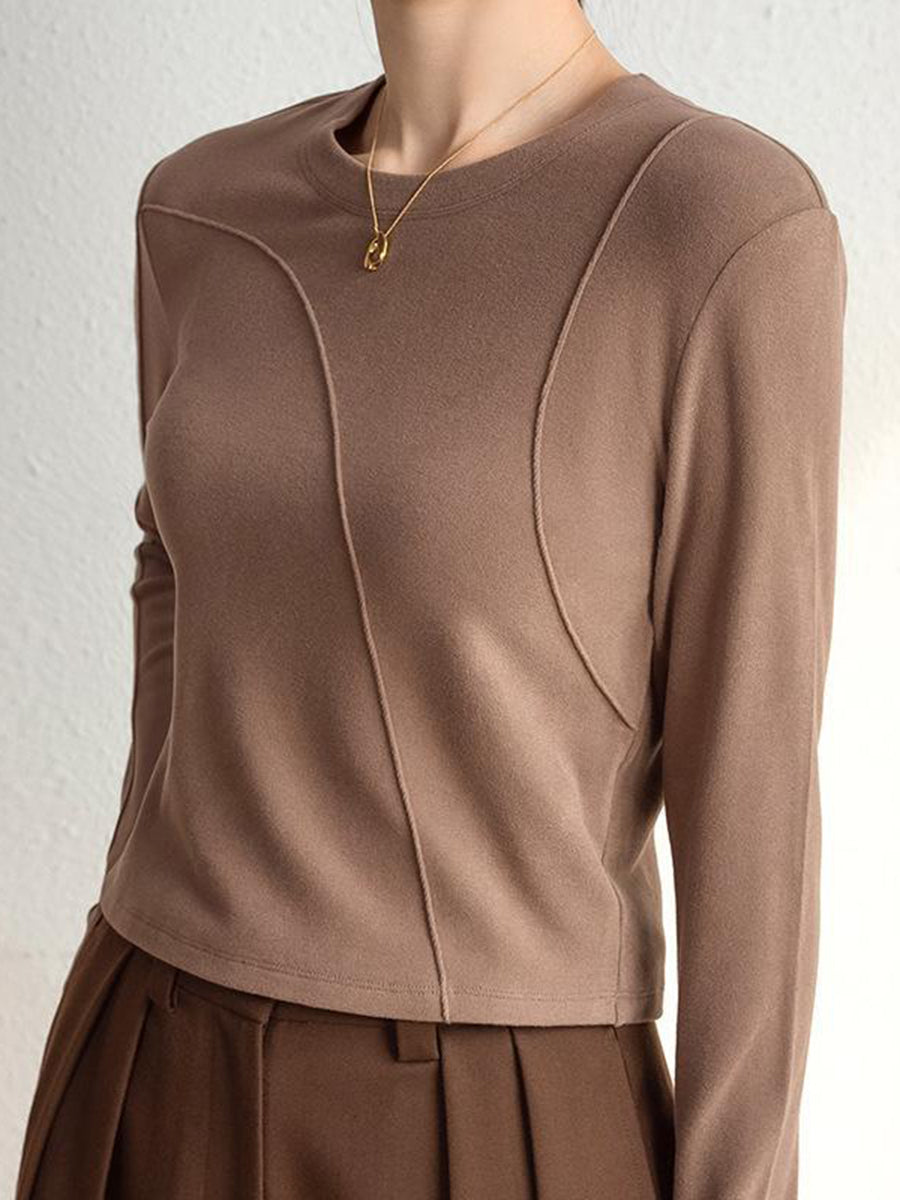 Solid Color Long Sleeves Round-neck T-Shirts Tops