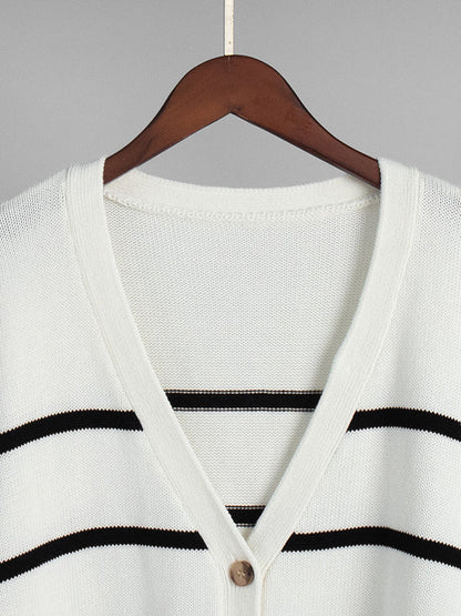 Long Sleeves Loose Split-Joint Striped V-Neck Cardigan Tops