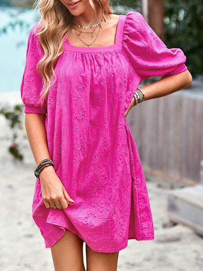 Loose Puff Sleeves Jacquard Solid Color Square-Neck Mini Dresses