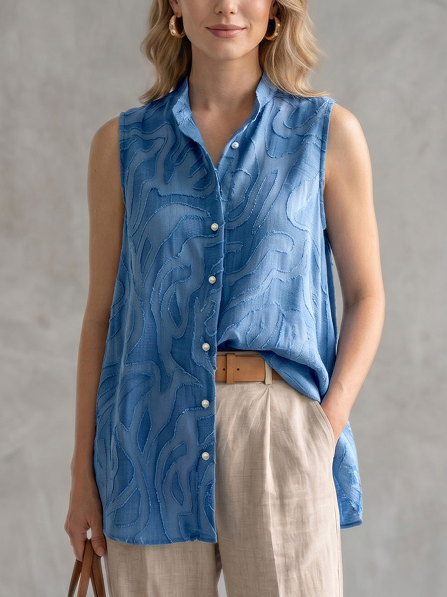 Sleeveless Buttoned Embroidered Solid Color Lapel Blouses&Shirts Tops