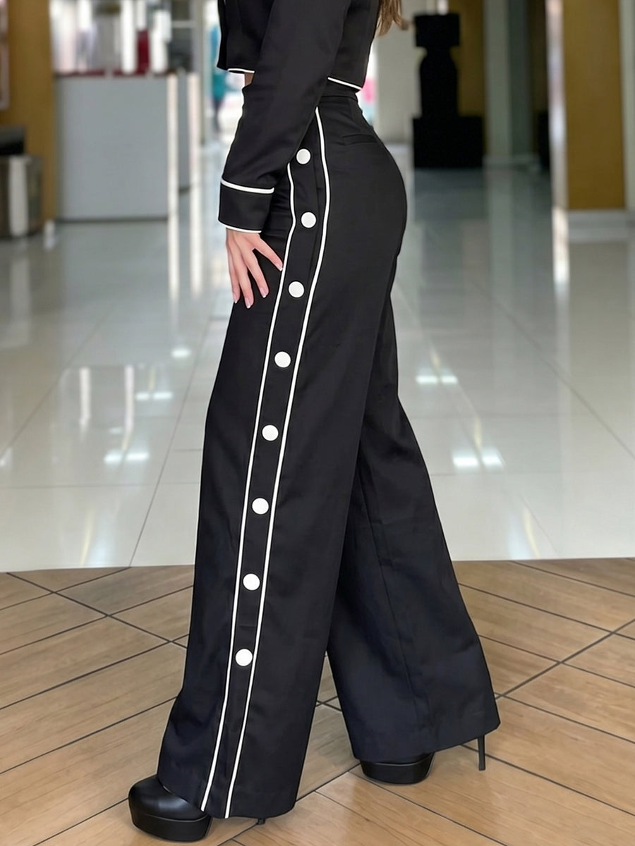 High Waisted Wide Leg Buttoned Contrast Color Line Pockets Pants Trousers
