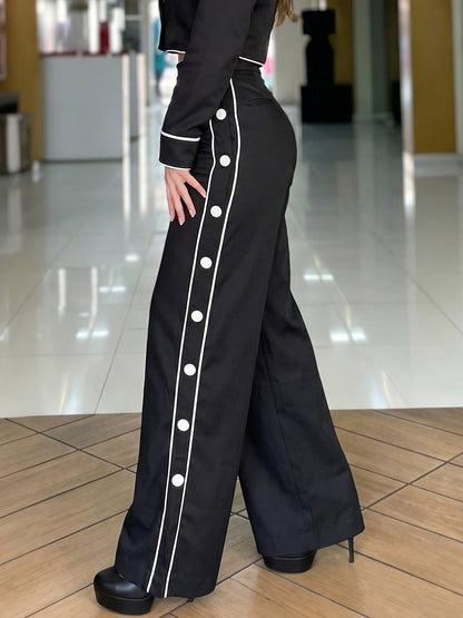 High Waisted Wide Leg Buttoned Contrast Color Line Pockets Pants Trousers