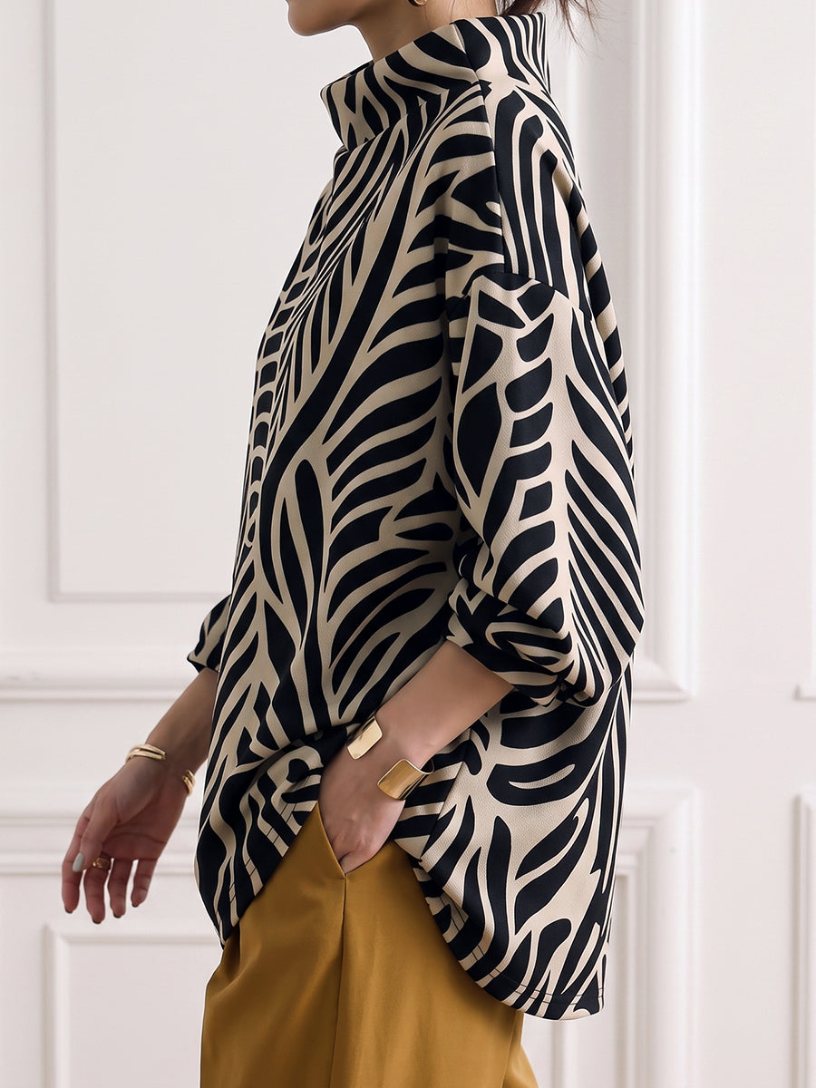 Printed Contrast Color Loose Long Sleeves High-neck Sweatshirt Tops