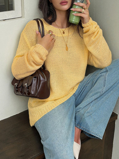 Solid Color Loose Long Sleeves Round-neck Sweater Tops