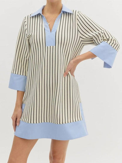 Loose Three-Quarter Sleeves Contrast Color Striped Stand Collar Mini Dresses