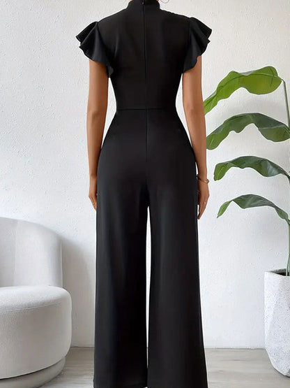High Waisted Loose Pleated Ruffled Solid Color Mock Neck Jumpsuits