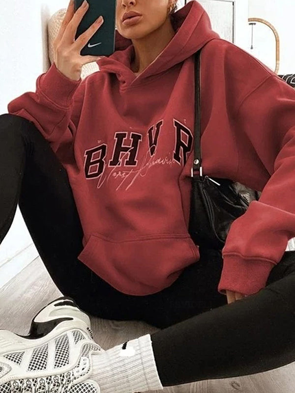 Long Sleeves Loose Keep Warm Letter Print Velvet Hooded Hoodies Tops