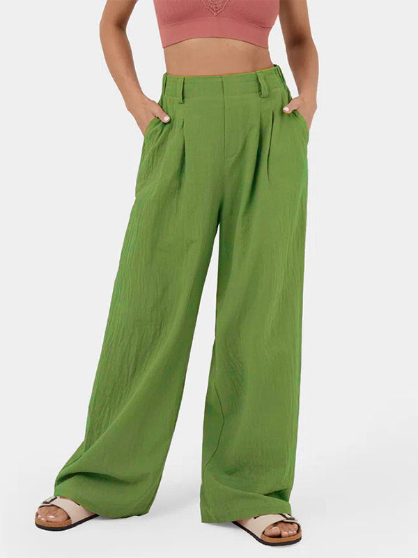 Loose Wide Leg Pleated Solid Color Split-Joint Pants Trousers GRASS GREEN