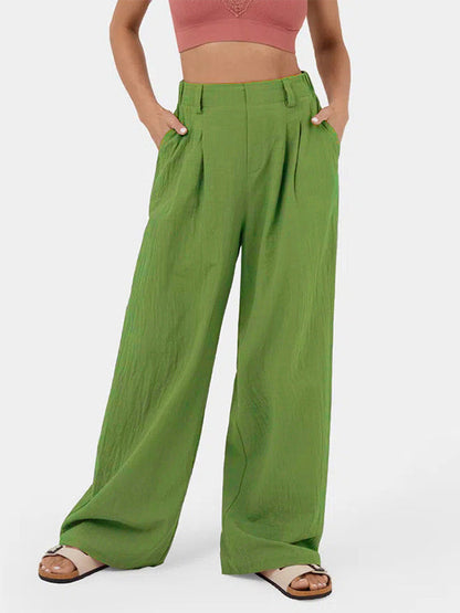 Loose Wide Leg Pleated Solid Color Split-Joint Pants Trousers GRASS GREEN