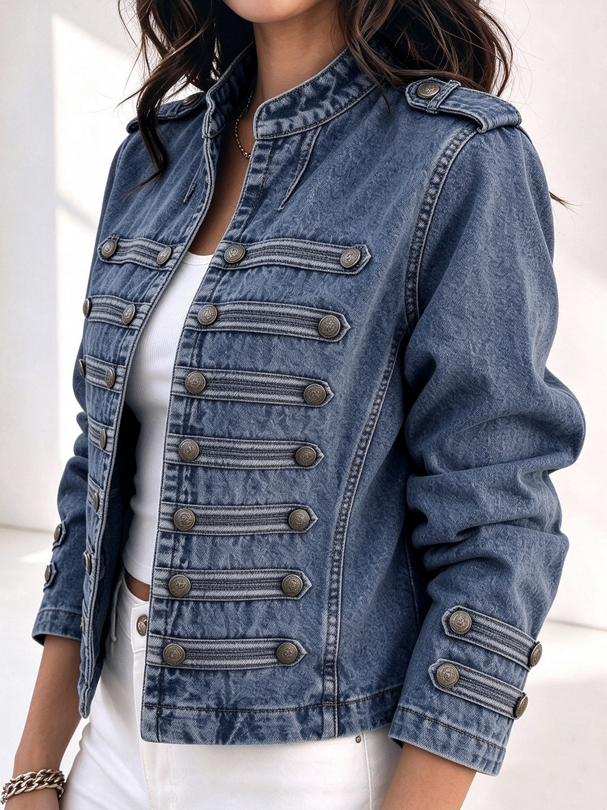 Split-Joint Solid Color Buttoned Long Sleeves Cropped Mock Neck Outerwear Jackets
