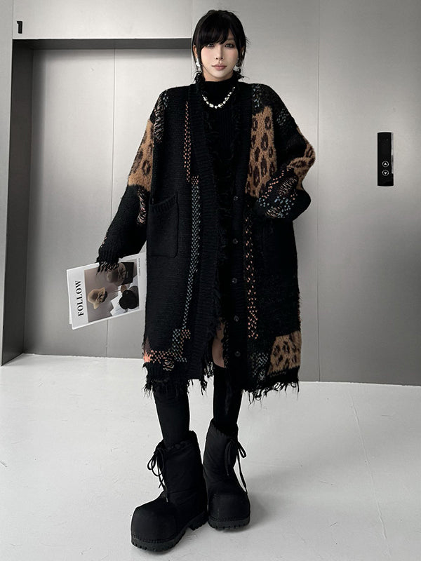 Hipster Long Sleeves Asymmetric Buttoned Contrast Color Leopard Pockets Split-Joint V-Neck Cardigan Tops