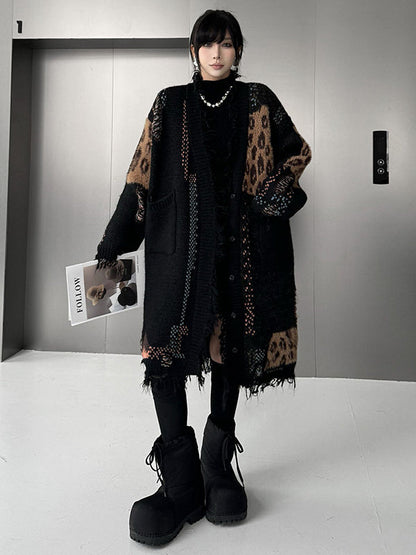 Hipster Long Sleeves Asymmetric Buttoned Contrast Color Leopard Pockets Split-Joint V-Neck Cardigan Tops